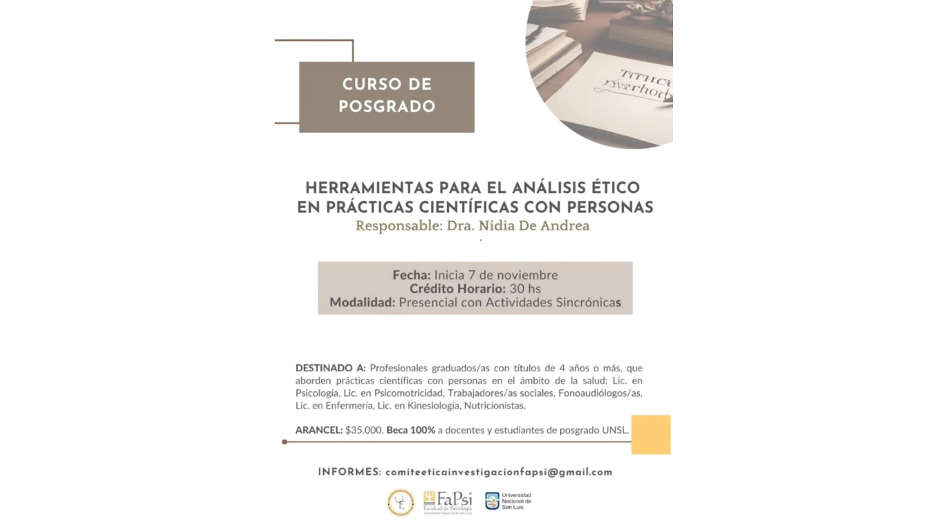 Compartimos la apertura del curso de posgrado “Herramientas para el análisis ético en prácticas científicas con personas”